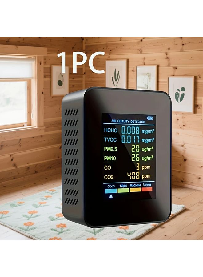 Black 5 In 1 Air Quality Monitor CO2 Humidity Temperature Formaldehyde TVOC LCD Display USB Rechargeable For Home Office - Image 1