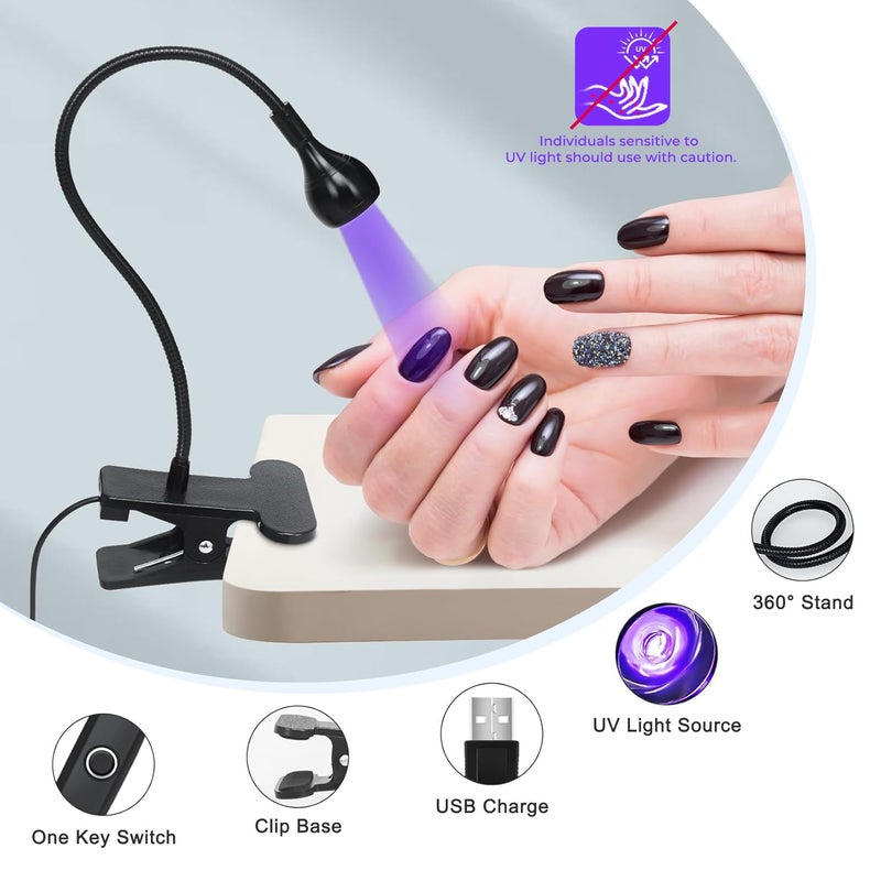 Geisofu مصباح أظافر جيزوفو UV - ضوء UV لأظافر الجل، مصباح LED مرن لتجفيف الأظافر، مصباح أسود مع مشبك، طول موجي 365+395nm 5V 3W 4 مستويات للتعتيم - Image 5
