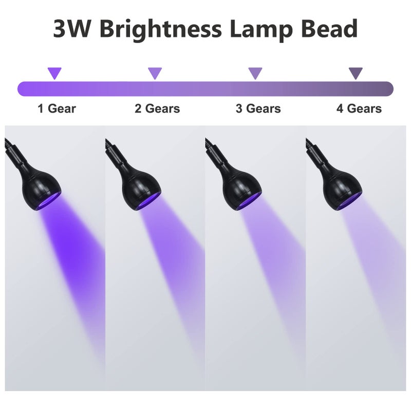 Geisofu مصباح أظافر جيزوفو UV - ضوء UV لأظافر الجل، مصباح LED مرن لتجفيف الأظافر، مصباح أسود مع مشبك، طول موجي 365+395nm 5V 3W 4 مستويات للتعتيم - Image 2