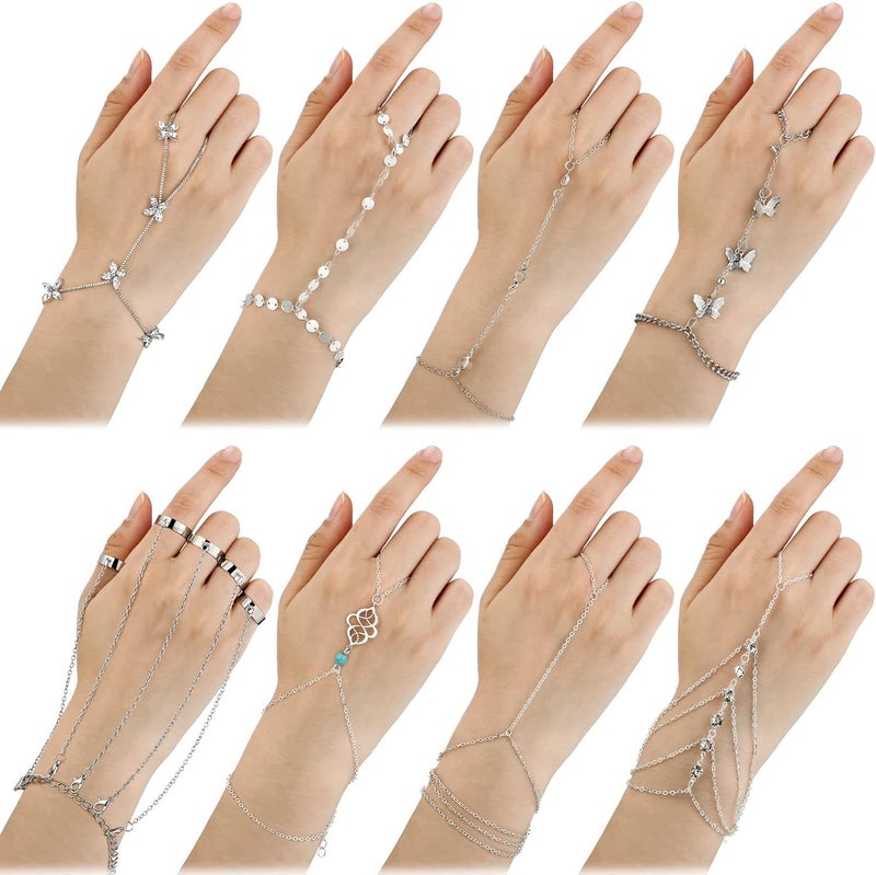 Sureio 8 Pieces Hand Chain Set Ring Bracelet Ring Hand Chain Crystal Finger Chain Bracelet Bohemian Hand Jewelry for Women Valentines Day gifts - Image 1