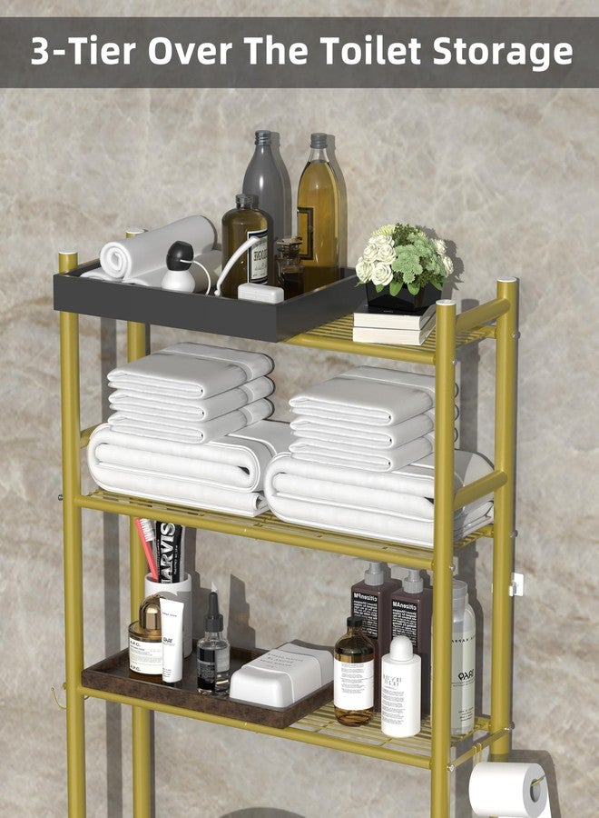 Livilord 3-Tier Over The Toilet Storage, Freestanding Metal Bathroom Shelves with 4 Hooks, Over Toilet Storage Shelf with Paper Holder, Above The Toilet Shelf for Bathroom Storage, Gold - Image 3