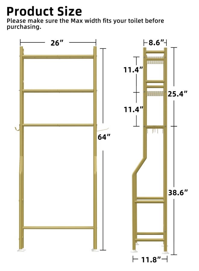 Livilord 3-Tier Over The Toilet Storage, Freestanding Metal Bathroom Shelves with 4 Hooks, Over Toilet Storage Shelf with Paper Holder, Above The Toilet Shelf for Bathroom Storage, Gold - Image 5
