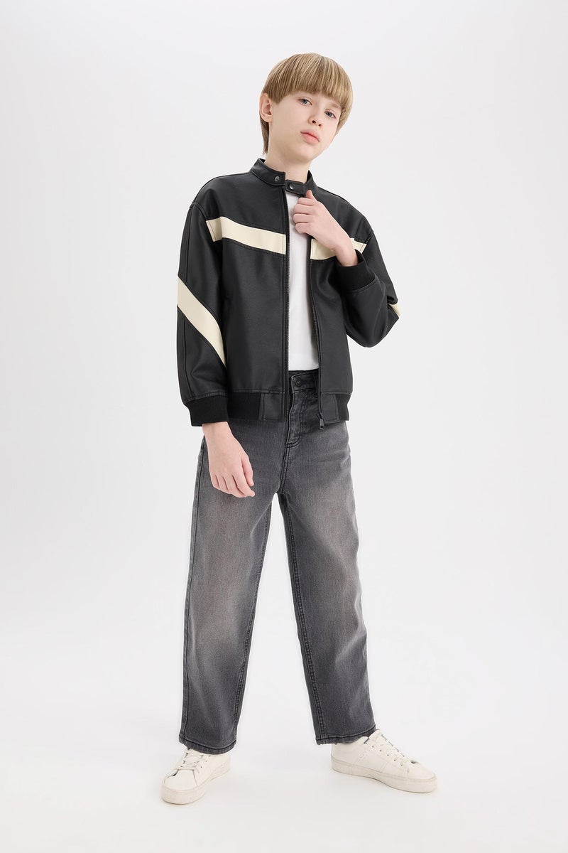 DeFacto Black Boy Bomber Collar Water Repellent Faux Leather Jacket Casual - Image 4