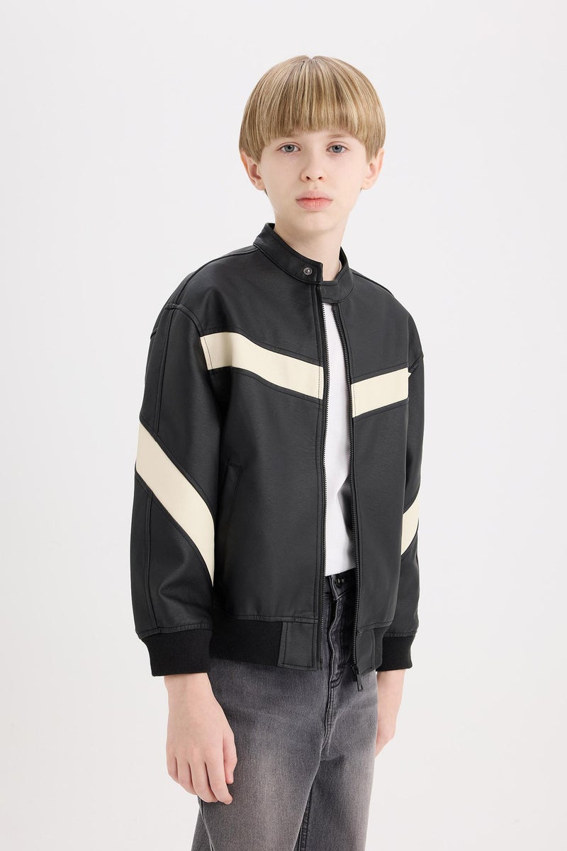 DeFacto Black Boy Bomber Collar Water Repellent Faux Leather Jacket Casual - Image 3