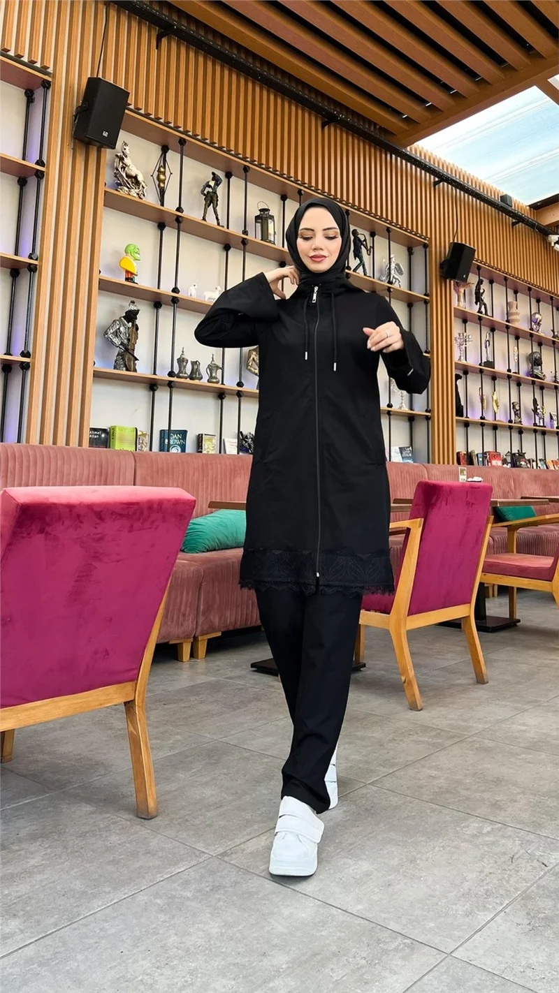 بي ويست Zippered Hooded Lace Patterned Tunic Pants Two Piece Sports Suit - 71158 - Black