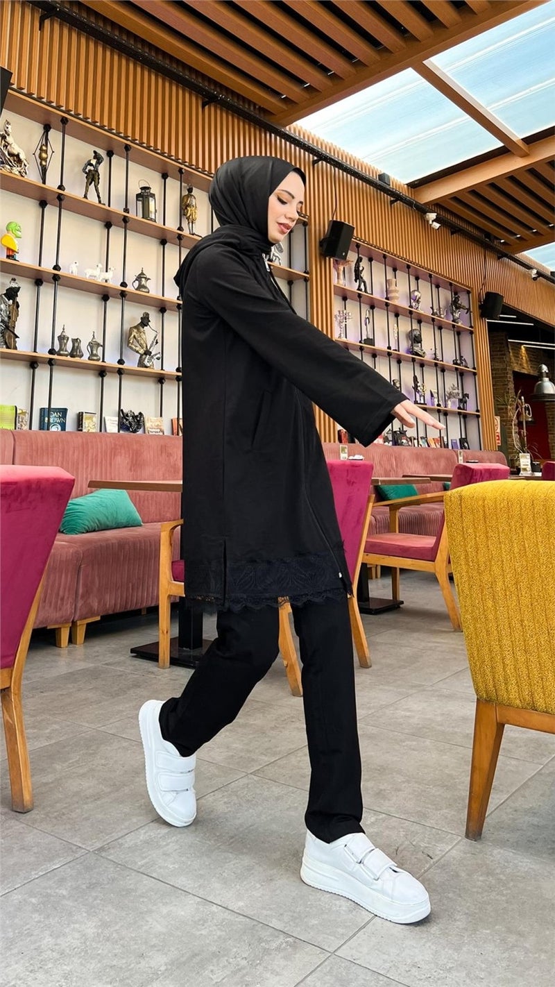 Bwest Zippered Hooded Lace Patterned Tunic Pants Two Piece Sports Suit - 71158 - Black - Image 5