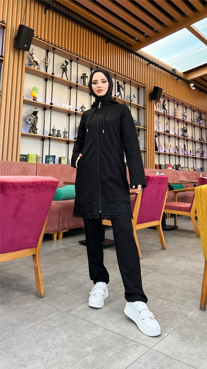 Bwest Zippered Hooded Lace Patterned Tunic Pants Two Piece Sports Suit - 71158 - Black - Image 4