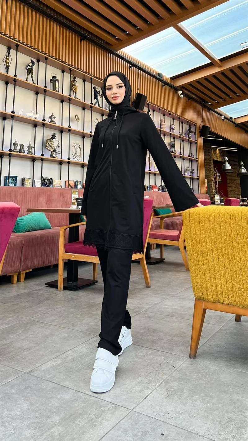 بي ويست Zippered Hooded Lace Patterned Tunic Pants Two Piece Sports Suit - 71158 - Black