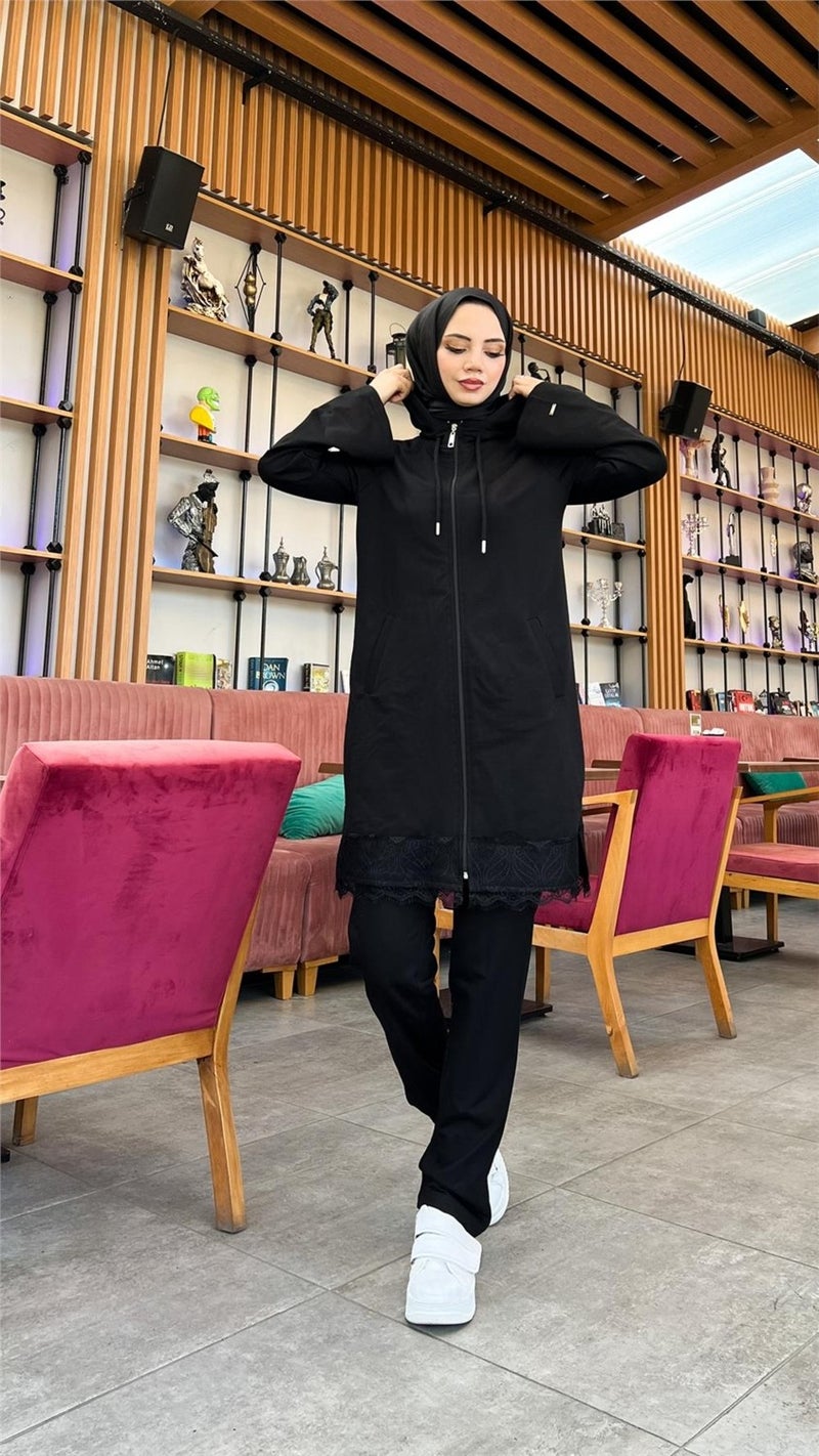 Bwest Zippered Hooded Lace Patterned Tunic Pants Two Piece Sports Suit - 71158 - Black - Image 3