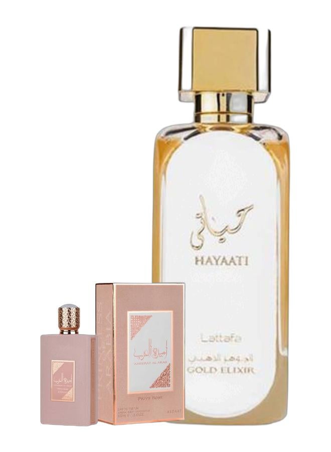 Lattafa أميرات العرب برفيه روز EDP 100 مل وهاياتي جولد إليكسير EDP 100 مل حزمة - Image 1