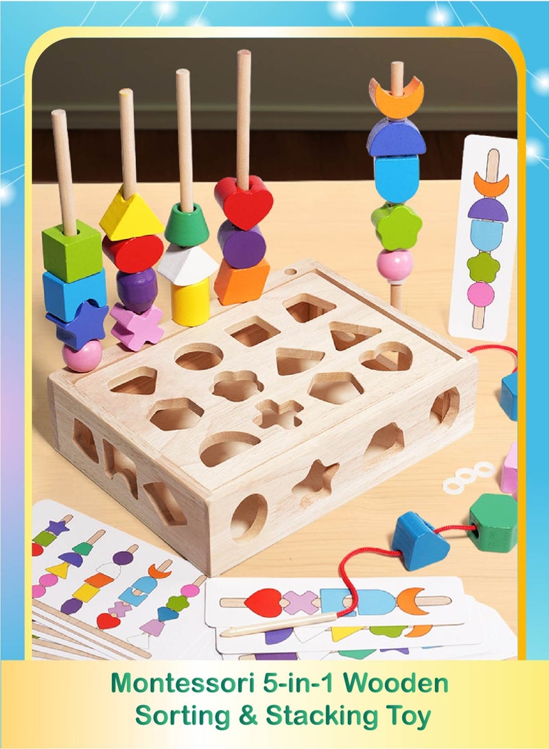 Montessori Wooden Block Set - Shape Sorter  Stacking Toys for Toddlers 1-6 | Educational Learning Toys with Puzzle Cards  Storage Box - Image 1