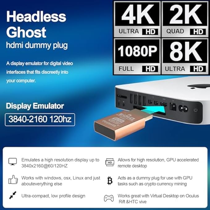 rayihni 4K 120HZ HDMI 2.1 DUMMY PLUG – VIRTUAL DISPLAY EMULATOR FOR PC, VR HEADSETS & CRYPTOCURRENCY MINING | HEADLESS GHOST DISPLAY ADAPTER | SUPPORTS 8K @30HZ-5P - Image 2