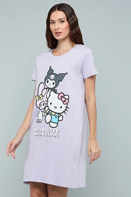 أر أند بي Hello Kitty & Friends Print Nightdress with Crew Neck and Short Sleeves