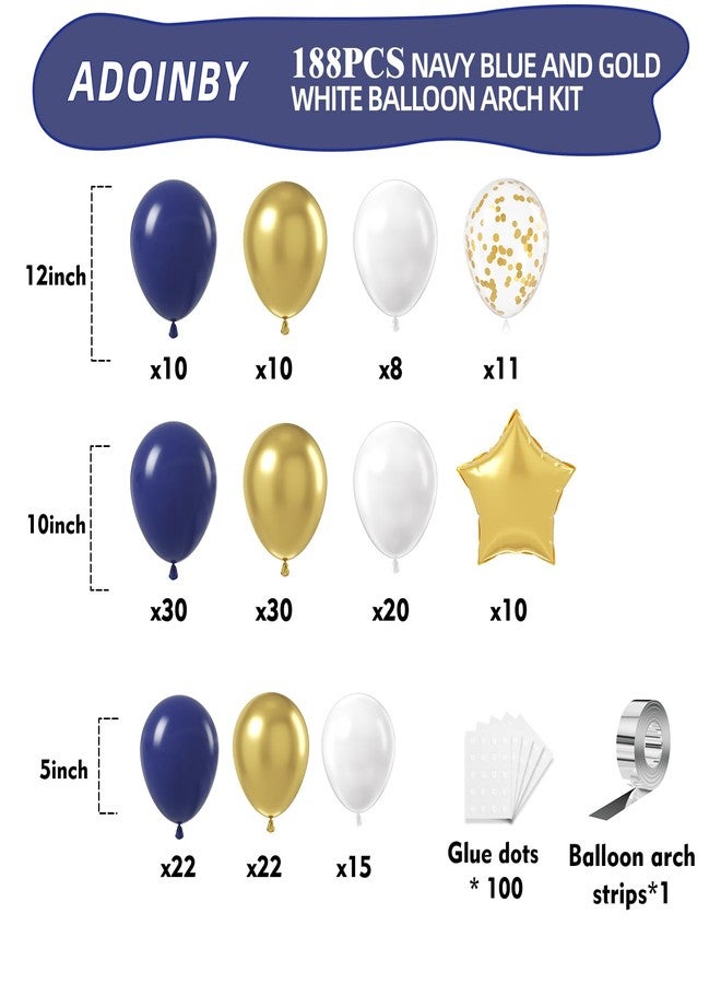 ADOINBY Blue and Gold Balloon Arch Kit, 188Pcs Gold Star Balloons with Navy Blue and Gold White Latex Balloon Garland kit, Different Size Balloons for Anniversary Wedding New Year Birthday Decorations - Image 2