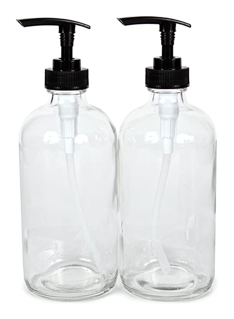 QUESERA 2 Large 16 oz Empty Clear Glass Bottles with Black Lotion Pumps - Image 1