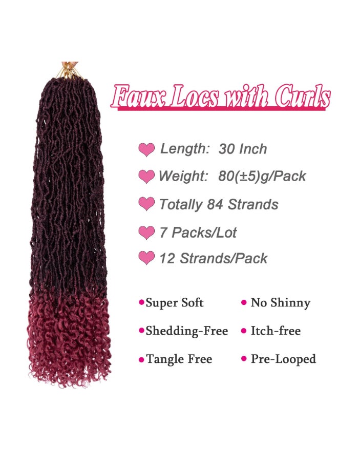 Leeven 30 Inch Ombre Burgundy Goddess Faux Locs Crochet Hair Crochet Soft Locs Hair With Curly Ends 7 Packs Synthetic Bohemian Locs Crochet Braiding Hair for Women TBUG 12 StrandsPack - Image 4