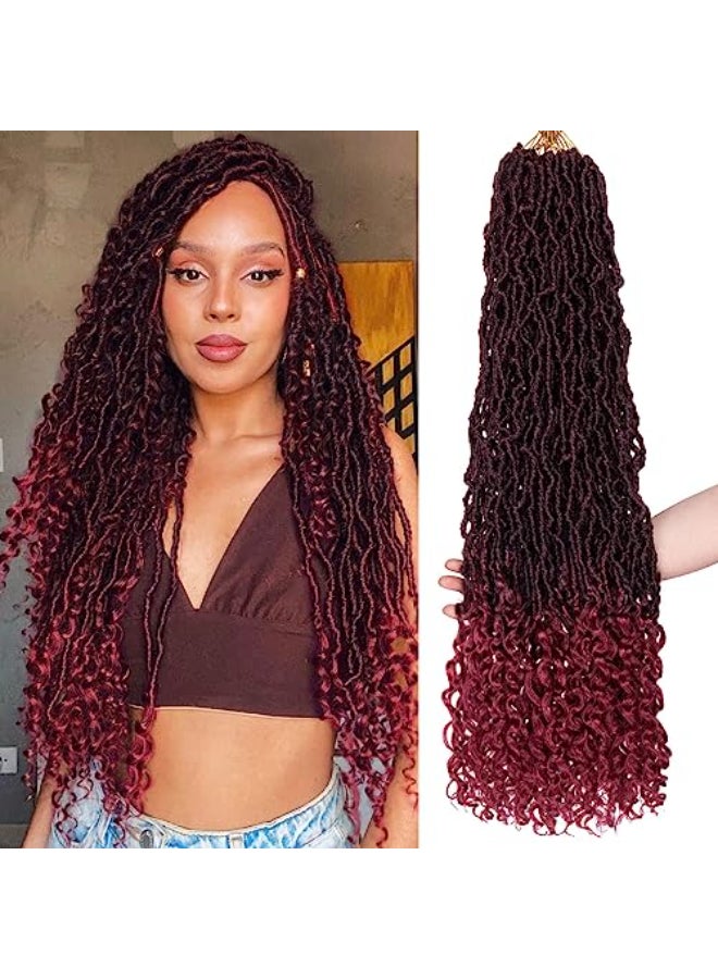Leeven 30 Inch Ombre Burgundy Goddess Faux Locs Crochet Hair Crochet Soft Locs Hair With Curly Ends 7 Packs Synthetic Bohemian Locs Crochet Braiding Hair for Women TBUG 12 StrandsPack - Image 1