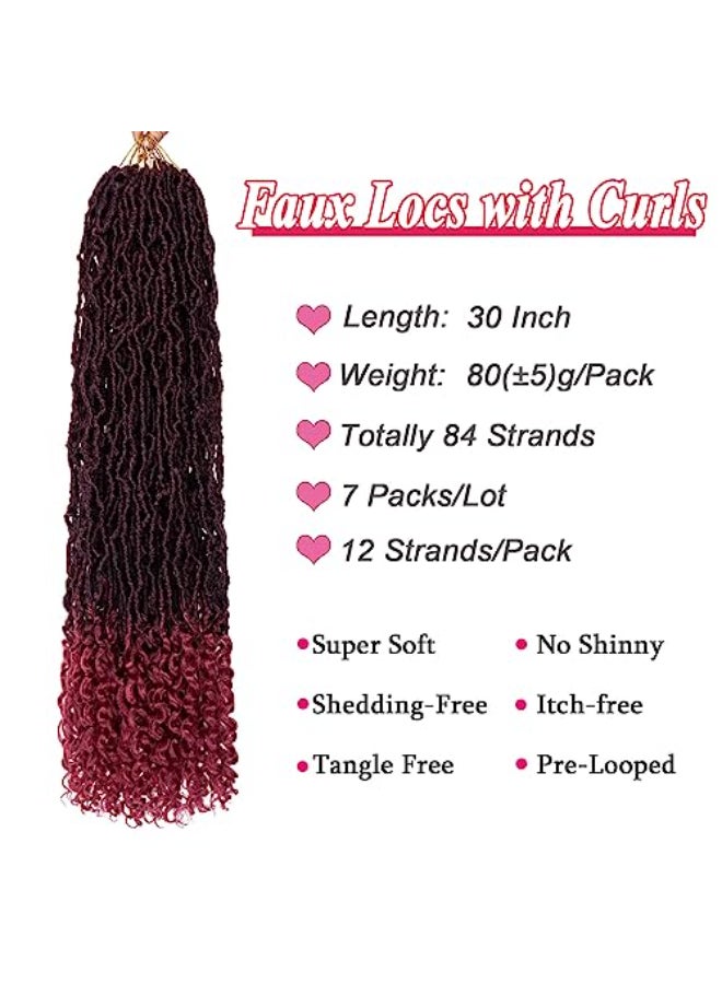 Leeven 30 Inch Ombre Burgundy Goddess Faux Locs Crochet Hair Crochet Soft Locs Hair With Curly Ends 7 Packs Synthetic Bohemian Locs Crochet Braiding Hair for Women TBUG 12 StrandsPack - Image 3