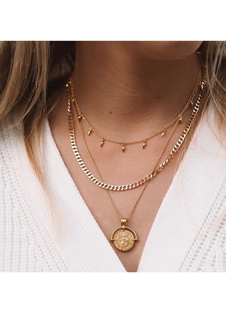 MIXDE - Layered Choker Necklace gold Plated Pendant Commemorative coin Necklace Multilayer Bar Disc Necklace Adjustable Layering Choker Necklaces fashion jewelry for Women Girls - Image 1