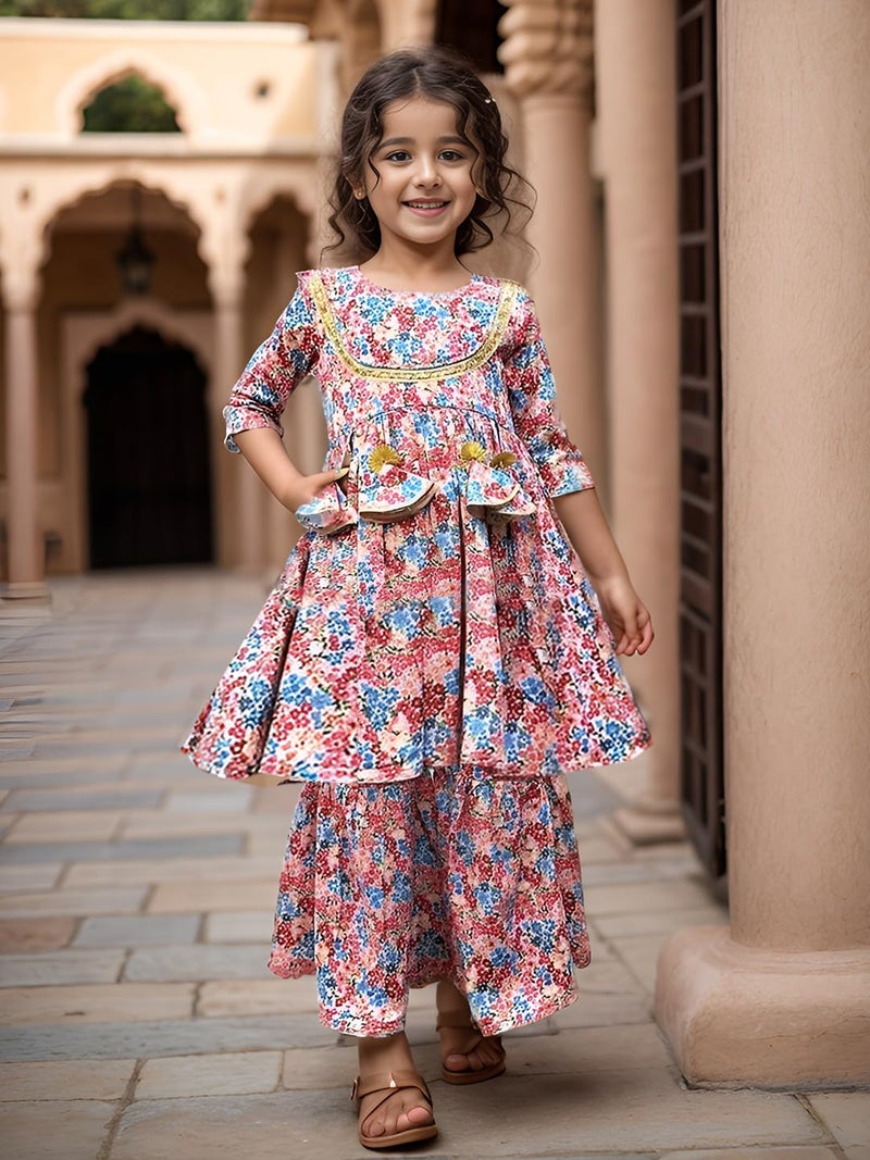 A.T.U.N. (ALL THINGS UBER NICE) A.T.U.N. Girls Ethnic Wear Sharara | Floral Printed Kurta with Sharara Set for Girls - Image 2