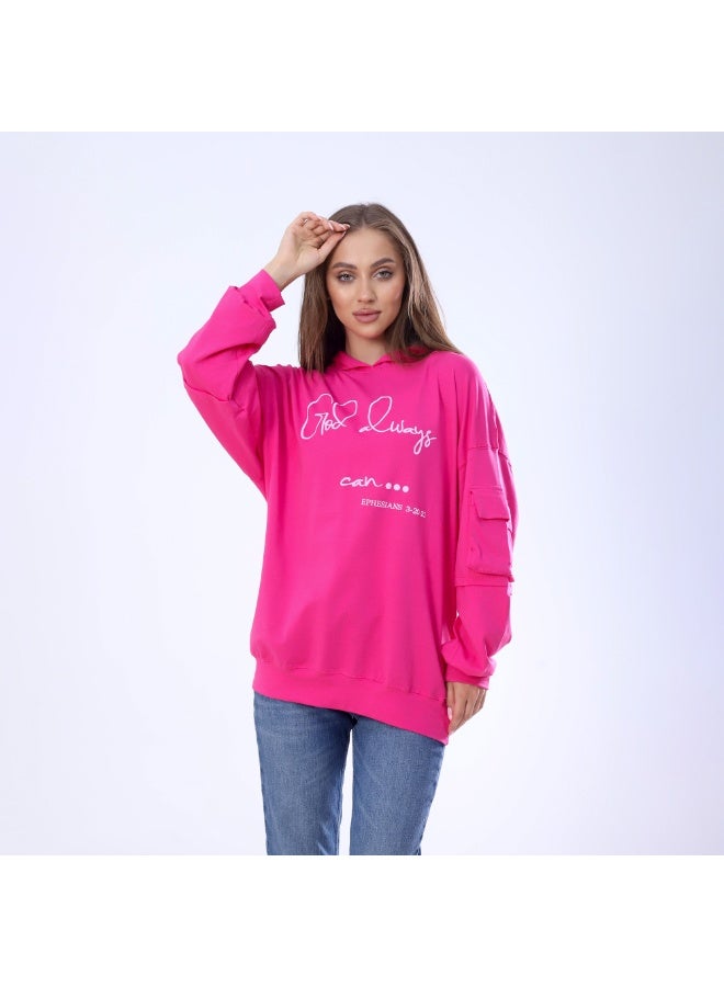 بيبو تشيرت حريمي مطبوع اكمام طويلة بكابيتشو 2 جيب مقاس حر يناسب من 60 إلى 85 كجم تقريبا_فوشيا - Image 1