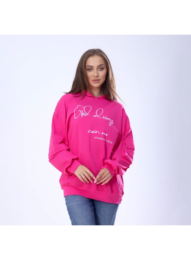 بيبو تشيرت حريمي مطبوع اكمام طويلة بكابيتشو 2 جيب مقاس حر يناسب من 60 إلى 85 كجم تقريبا_فوشيا - Image 2