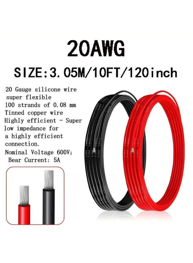 20AWG 10 قدم سلك نحاسي مرن مطلي بالقصدير أحمر وأسود مقاوم للحرارة العالية - Image 1