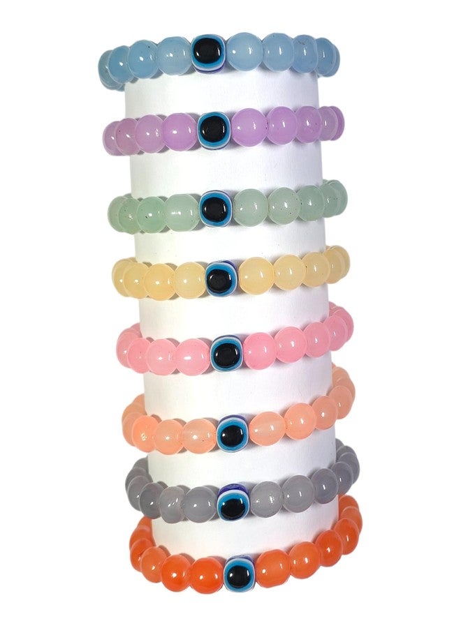REGLET Pack of 8 - Oval Shaped Glass Bracelet Set with Evil Eye Bead + 5m Stretch Wire - Handcrafted Stretchable Bracelet for Girls Stylish, Women, Kids - Adjustable - Image 1