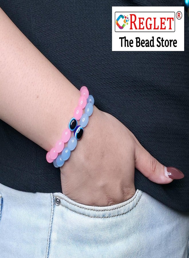 REGLET Pack of 8 - Oval Shaped Glass Bracelet Set with Evil Eye Bead + 5m Stretch Wire - Handcrafted Stretchable Bracelet for Girls Stylish, Women, Kids - Adjustable - Image 5