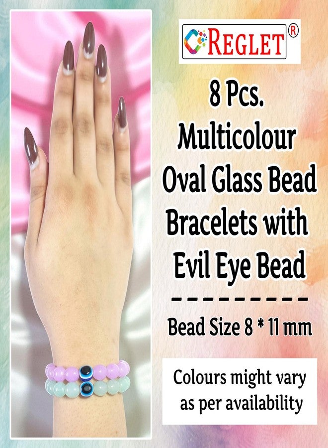REGLET Pack of 8 - Oval Shaped Glass Bracelet Set with Evil Eye Bead + 5m Stretch Wire - Handcrafted Stretchable Bracelet for Girls Stylish, Women, Kids - Adjustable - Image 3