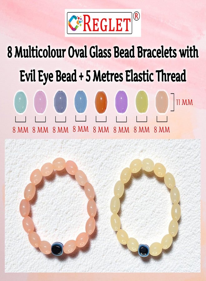 REGLET Pack of 8 - Oval Shaped Glass Bracelet Set with Evil Eye Bead + 5m Stretch Wire - Handcrafted Stretchable Bracelet for Girls Stylish, Women, Kids - Adjustable - Image 4