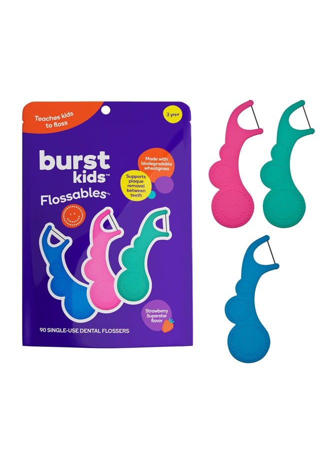 BURST Kids Flossers (90 Count/1 Pack) | Strawberry Aroma | Toddler Dental Flossable Picks with Ergonomic Design | No-Slip Grip | Smiley Face and Fun Colors - Image 1