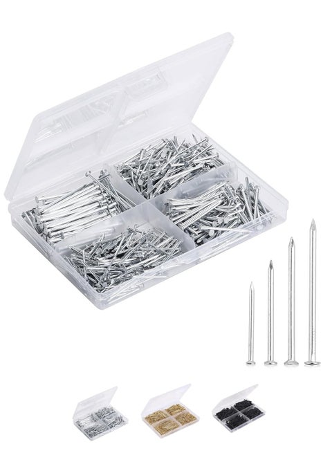 Nail Assortment Kit, 600 Pcs, 4 Sizes, Silver, Small Nails for Hanging Pictures, Finishing Nails, Gold Wall Nails for Hanging, Pin Nails, Hardware Nails, Assorted Nails, Galvanized Nails