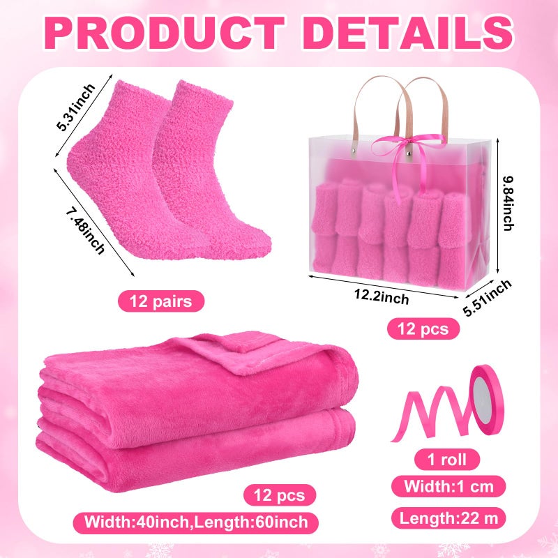 Chicingyou 36 Pcs Sleepover Party Supplies for Girls Including Warm Flannel Blanket Fuzzy Socks Ribbon and Gift Bag for Sleeping Slumber Spa Birthday Party Gift Favor(Rose Red) - Image 2