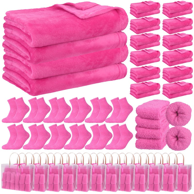 Chicingyou 36 Pcs Sleepover Party Supplies for Girls Including Warm Flannel Blanket Fuzzy Socks Ribbon and Gift Bag for Sleeping Slumber Spa Birthday Party Gift Favor(Rose Red) - Image 1