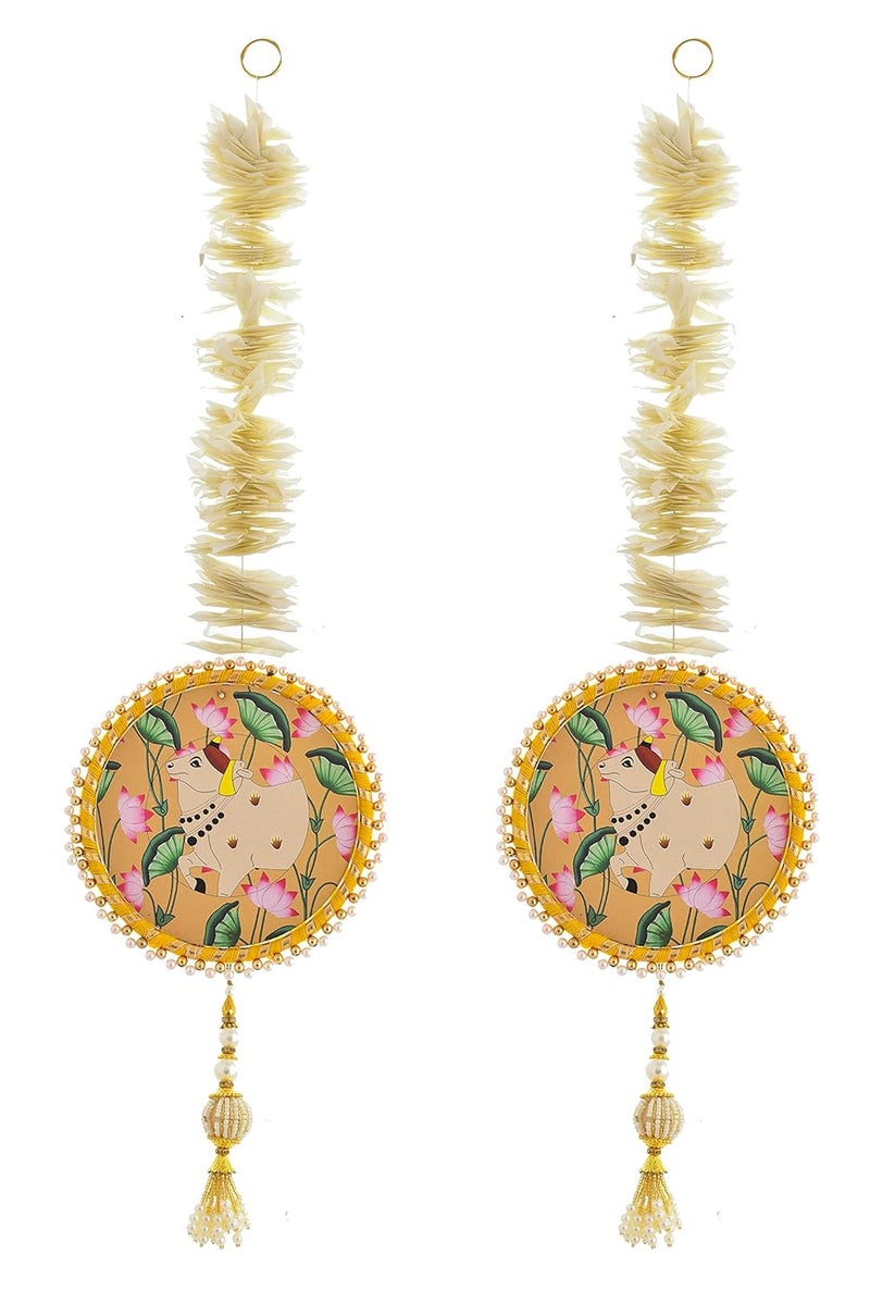 BENAVJI Cow Design Latkan Hangings for Home DecorPuja DecorHousewarmingBackdropMandirLotus Hanging with Cow Pichwai for DecorationThoranamDoor hangings for Entrance Pack of 2 - Image 2