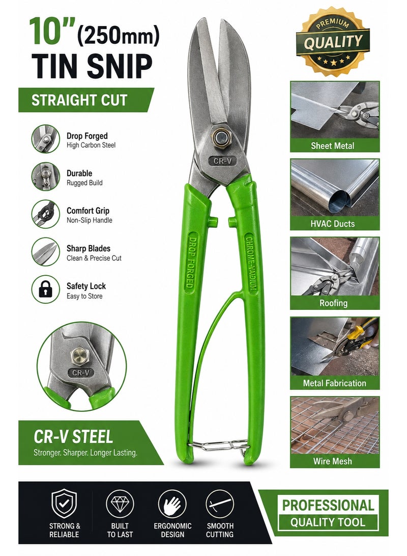Perfect Heavy Duty 10" (250mm) Tin Snip Straight Cut – Drop Forged CR-V Steel Metal Cutting Shears with Comfort Grip for Sheet Metal, Roofing & HVAC - Image 1
