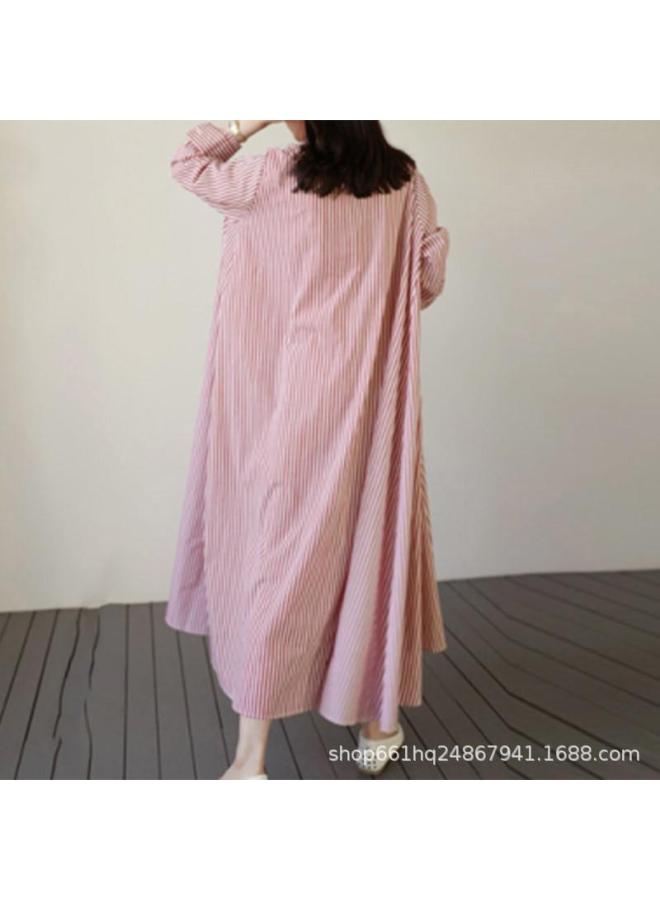 VUELO Muslim Summer Vintage Cotton Lapel Striped Single-breasted Cardigan Long Sleeve Dress - Image 2