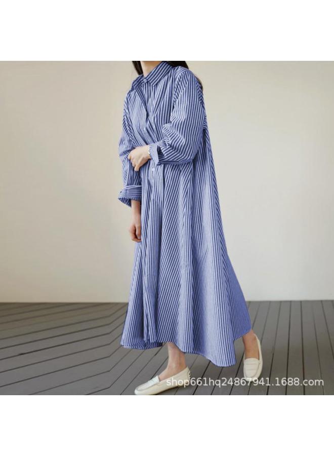 VUELO Muslim Summer Vintage Cotton Lapel Striped Single-breasted Cardigan Long Sleeve Dress - Image 4