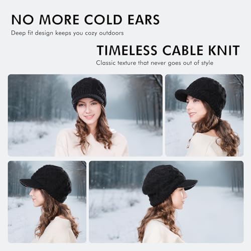 Comhats Wool Knit Visor Beanie Hat for Women Womens Cable Newsboy Hats with Brim Warm Cute Cold Winter Gift Ski Snow Black - Image 4