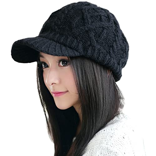 Comhats Wool Knit Visor Beanie Hat for Women Womens Cable Newsboy Hats with Brim Warm Cute Cold Winter Gift Ski Snow Black - Image 1