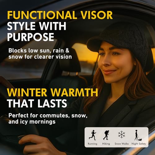 Comhats Wool Knit Visor Beanie Hat for Women Womens Cable Newsboy Hats with Brim Warm Cute Cold Winter Gift Ski Snow Black - Image 3