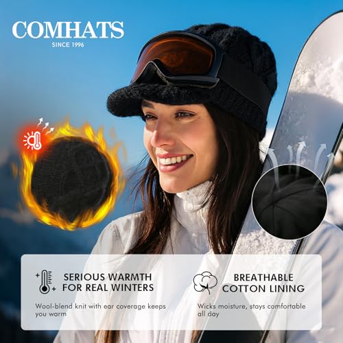 Comhats Wool Knit Visor Beanie Hat for Women Womens Cable Newsboy Hats with Brim Warm Cute Cold Winter Gift Ski Snow Black - Image 2