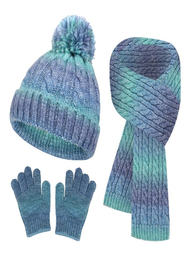 SK Studio Kids Winter Hat Gloves Scarf Set, Girls Toddler Beanie with Pom Knit Neck Warmer Gloves Fleece Lined Set, Blue - Image 1