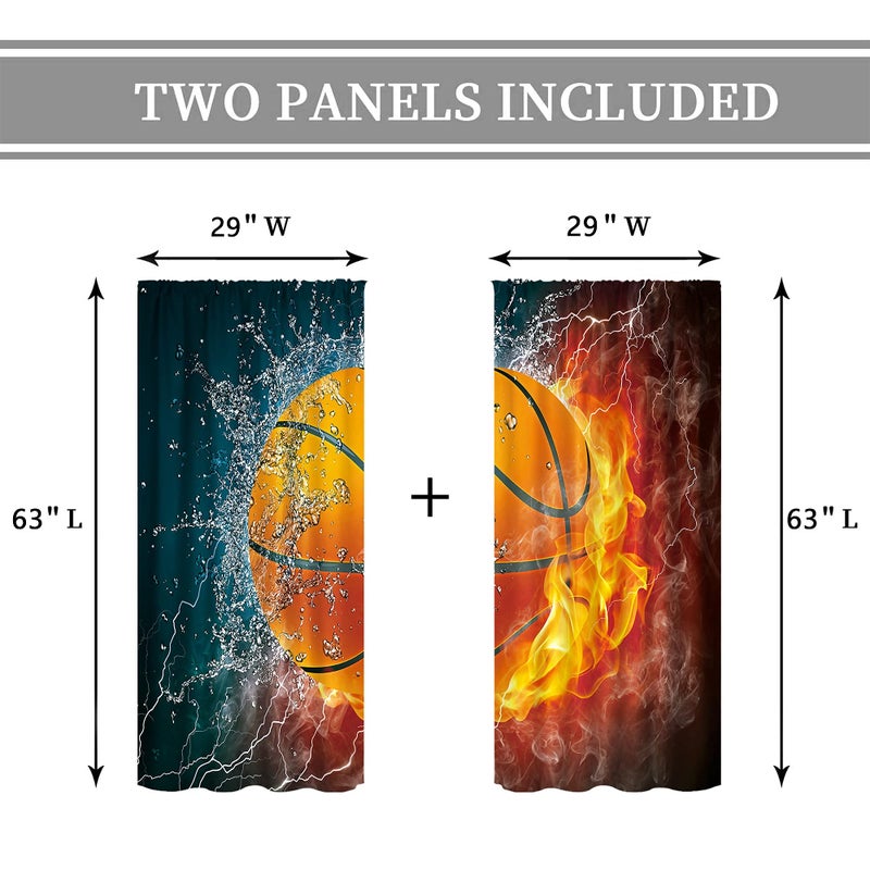 Cinbloo Boys Sports Curtains 29Wx63L Inch Rod Pocket Abstract Flame Basketball Theme Wall Decor Teens Kids Child Bedroom Men Cool 3D Ball Art Printed Living Room Playroom Window Drapes Fabric 2 Panels - Image 2