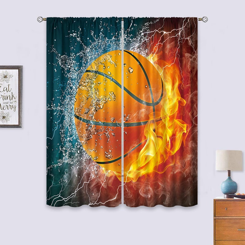 Cinbloo Boys Sports Curtains 29Wx63L Inch Rod Pocket Abstract Flame Basketball Theme Wall Decor Teens Kids Child Bedroom Men Cool 3D Ball Art Printed Living Room Playroom Window Drapes Fabric 2 Panels - Image 5