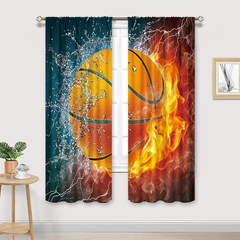 Cinbloo Boys Sports Curtains 29Wx63L Inch Rod Pocket Abstract Flame Basketball Theme Wall Decor Teens Kids Child Bedroom Men Cool 3D Ball Art Printed Living Room Playroom Window Drapes Fabric 2 Panels - Image 1