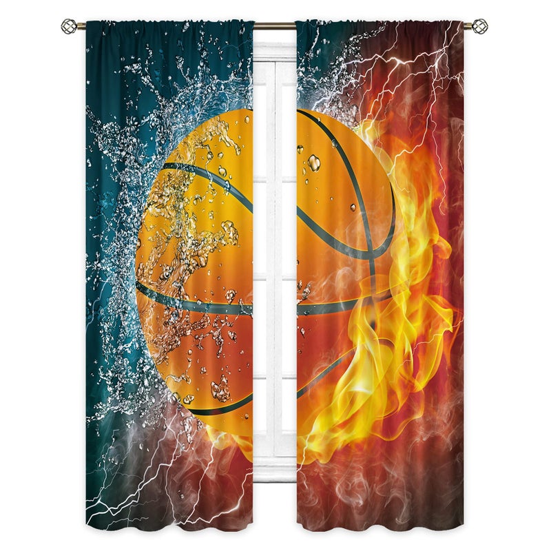 Cinbloo Boys Sports Curtains 29Wx63L Inch Rod Pocket Abstract Flame Basketball Theme Wall Decor Teens Kids Child Bedroom Men Cool 3D Ball Art Printed Living Room Playroom Window Drapes Fabric 2 Panels - Image 3