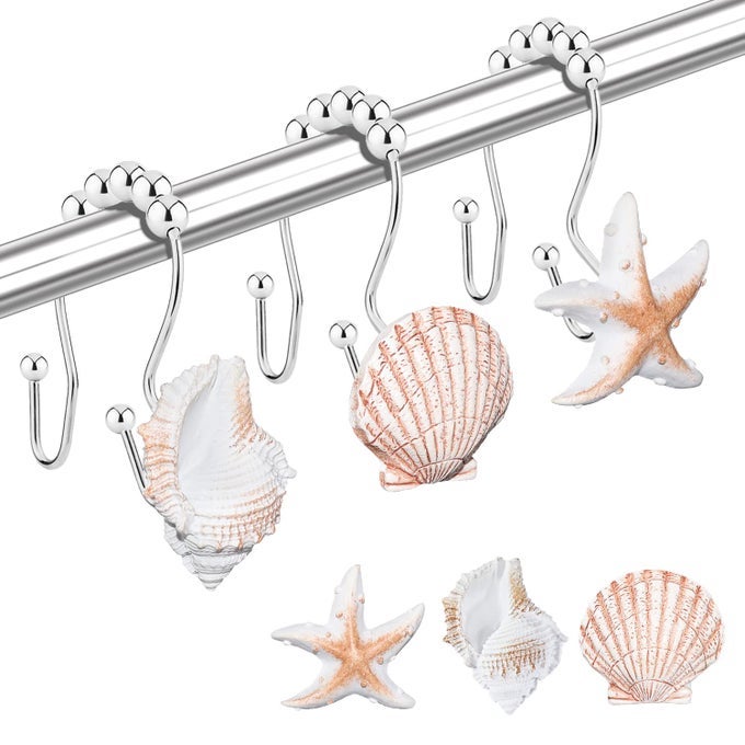 SHOWER CURTAIN HOOKS RINGS 12PCS ANTI RUST SEASHELL DECORATIVE DOUBLE RESIN HOOKS FOR BEACH BATHROOM BABY ROOM BEDROOM LIVING ROOM DCOR