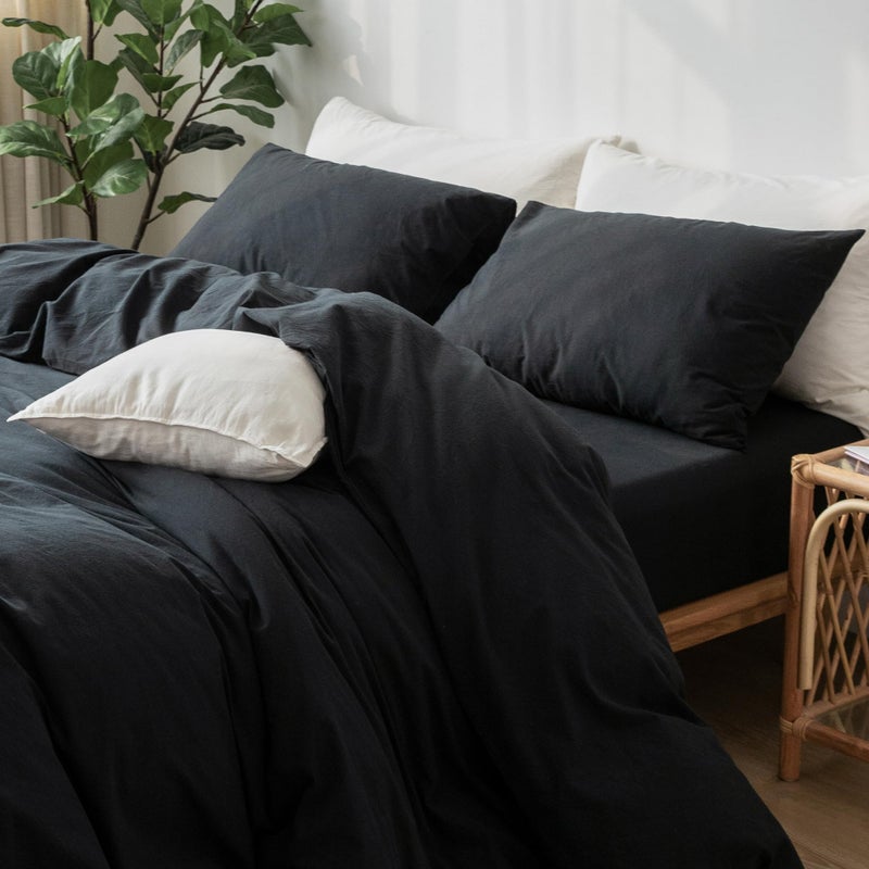 MooMee Bedding Pillowcases Pack of 2 100% Washed Cotton Linen Like Textured Breathable Durable Soft Comfy (Black  King) - Image 4